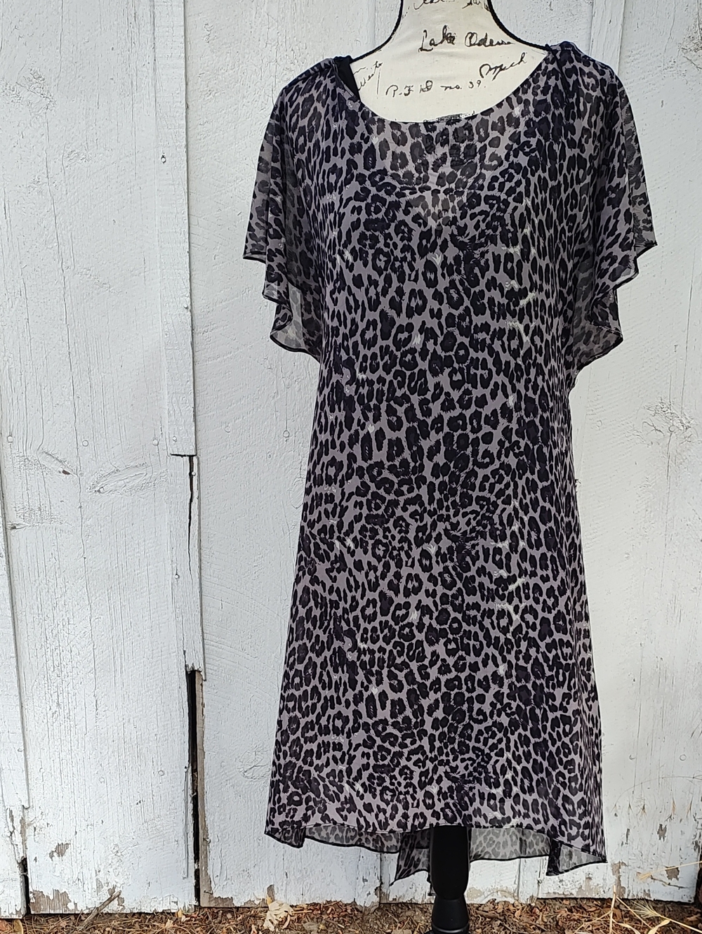 Adrianna Papell Sheer Leopard-Print Midi Dress in Black and Gray, Size L